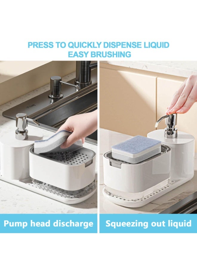 Bukela Hand and Dish Soap Dispenser Set with 2pcs Sponge, Kitchen Soap Dispenser Set with Tray, Sponge Holder and Rag Holder, 4-in-1 Organizer for Kitchen Sink Countertop, Useful Kitchen Gadgets - White - Image 3