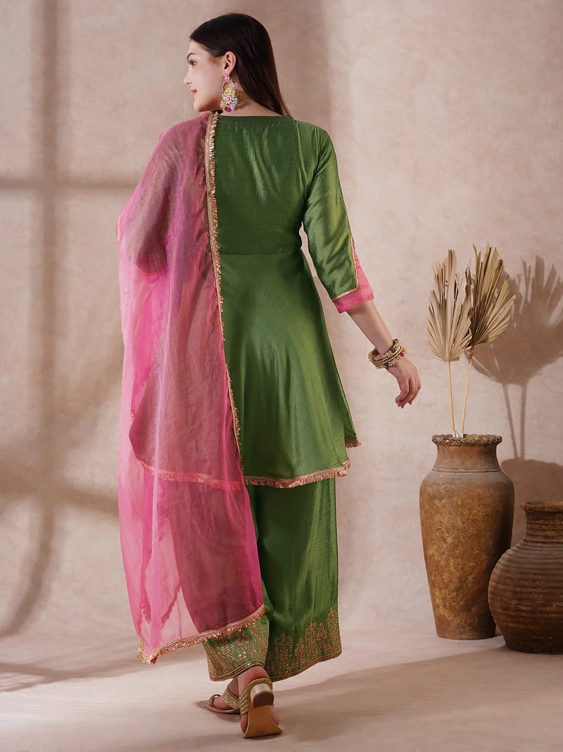 globus Women Green Embroidered V-Neck Gotta Lace A-Line Kurta With Palazzos & Sequin Taping Dupatta Festive Set