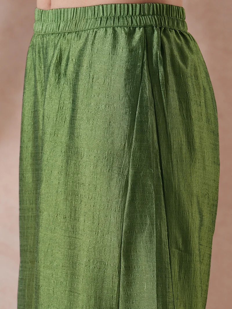 globus Women Green Embroidered V-Neck Gotta Lace A-Line Kurta With Palazzos & Sequin Taping Dupatta Festive Set