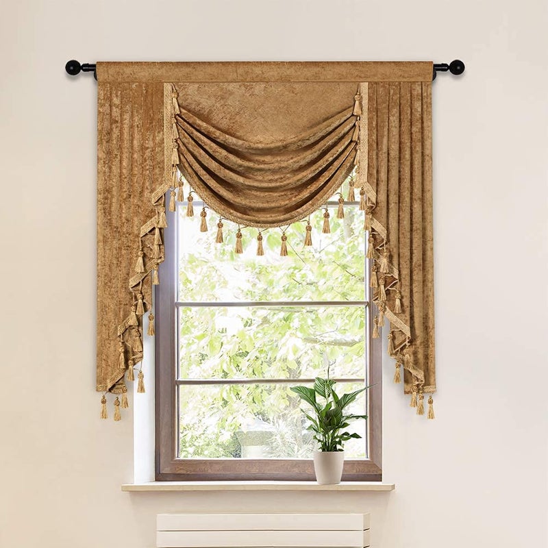 ELKCA Bronze Thick Chenille Waterfall Valance for Living Room Luxury Window Curtains Valance for Bedroom Bronze W39 Inch 1 Panel