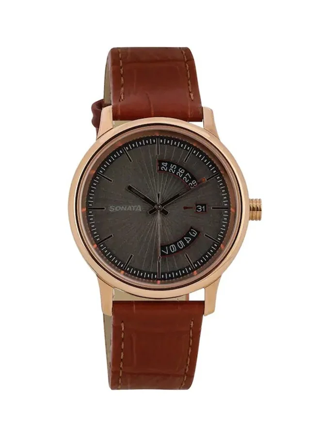 Sonata Round Shape Leather Band Analog Wrist Watch 7134WL02 - 40 mm - Tan