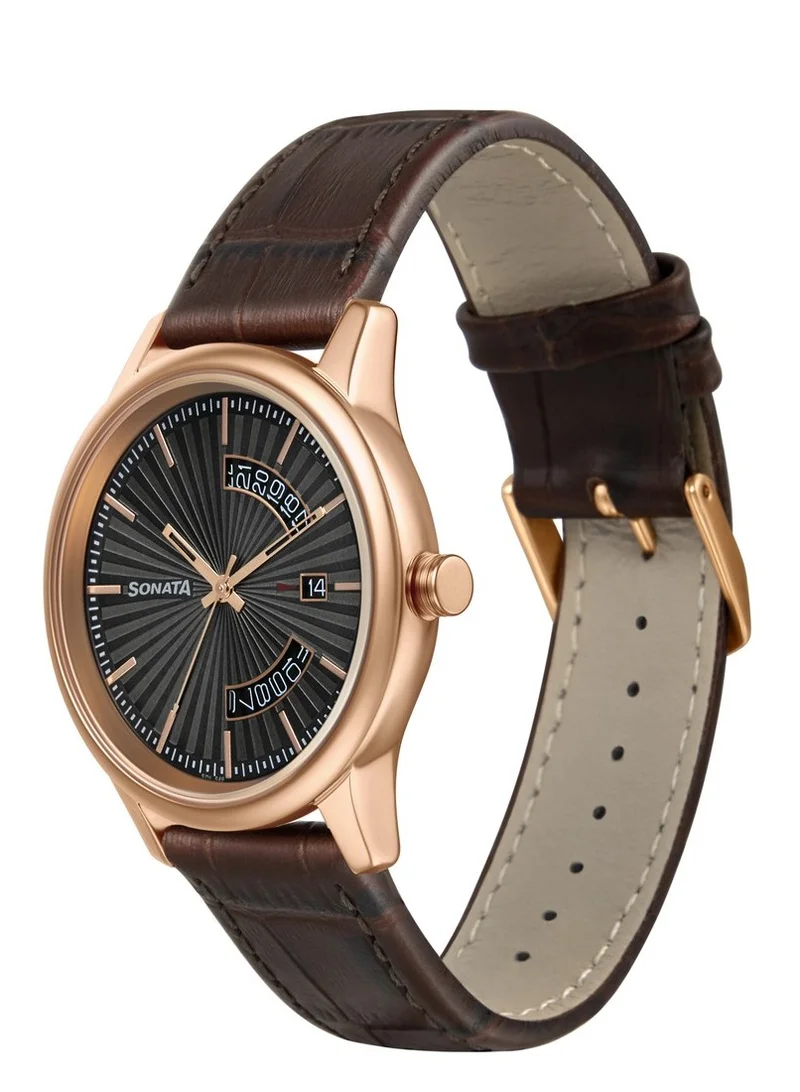 Sonata Round Shape Leather Band Analog Wrist Watch 7134WL02 - 40 mm - Tan