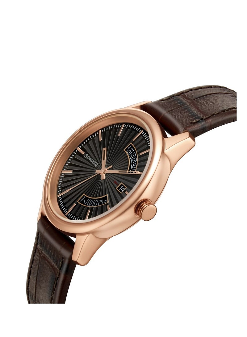 سوناتا ساعة يد جلدية دائرية بعقارب  -  ملم - بني فاتح - Image 3