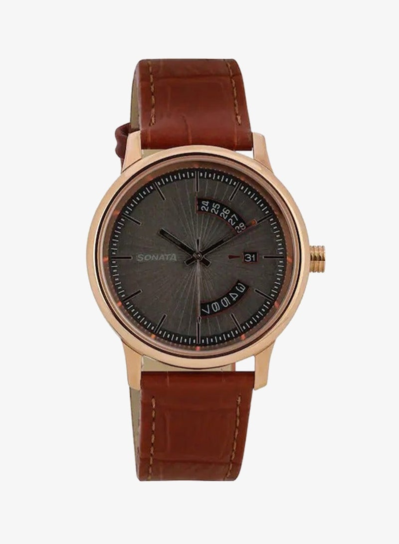 Sonata Round Shape Leather Band Analog Wrist Watch 7134WL02 - 40 mm - Tan - Image 1