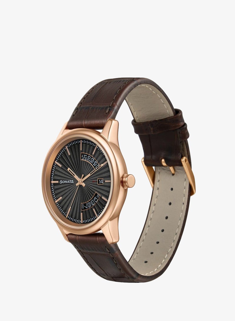 Sonata Round Shape Leather Band Analog Wrist Watch 7134WL02 - 40 mm - Tan - Image 2