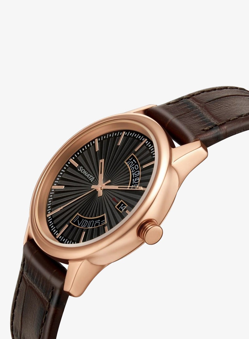 Sonata Round Shape Leather Band Analog Wrist Watch 7134WL02 - 40 mm - Tan - Image 3