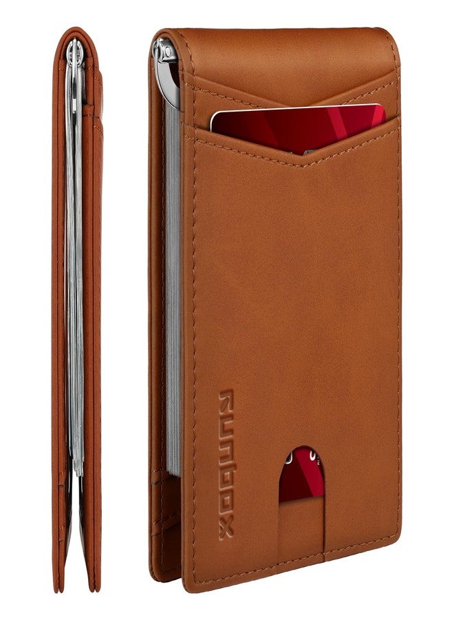 RUNBOX Slim Money Clip Wallets for Men RFID Blocking 8 Card Holder Minimalist Small Thin Carbon Leather Bifold Mens Front Pocket Wallet Gift Box(Desert Brown) - Image 1