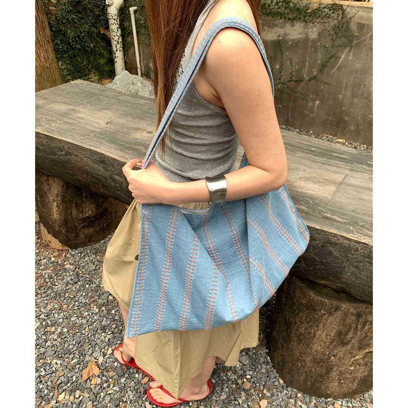 Vintage Denim Canvas Tote Bag for Women with Striped Design - Image 5