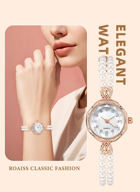 Women's Pearl Strap Quartz Watch Analog Display Round Dial with Rhinestones Decoration Waterproof Bracelet Wristwatch as Gift for Women