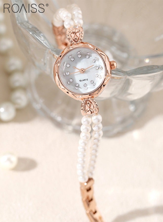 roaiss Women's Pearl Strap Quartz Watch Analog Display Round Dial with Rhinestones Decoration Waterproof Bracelet Wristwatch as Gift for Women - Image 2