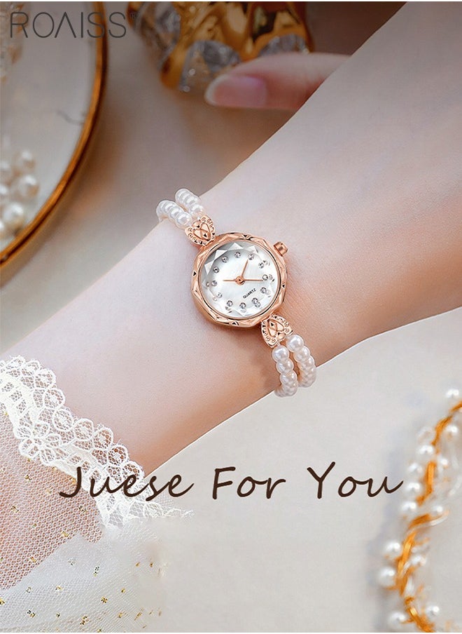 roaiss Women's Pearl Strap Quartz Watch Analog Display Round Dial with Rhinestones Decoration Waterproof Bracelet Wristwatch as Gift for Women  - Image 2