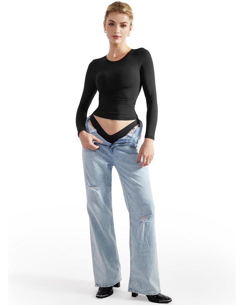 SUUKSESS Women Double Lined Fitted Basic Tee Shirts Crew Neck Long Sleeve Going Out Crop Tops (Jet Black, M) - Image 4