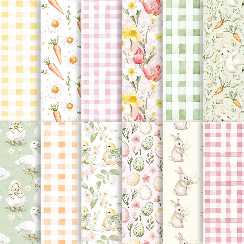 Fabllewavi 24 Sheets Watercolor Easter Scrapbook Paper, Bunny Eggs Duck Flowers and Carrots Patterns Decorative Craft Paper Folded Flat for Easter Card Making Spring Party Photo Album Decor, 12'' x 12'' - Image 1