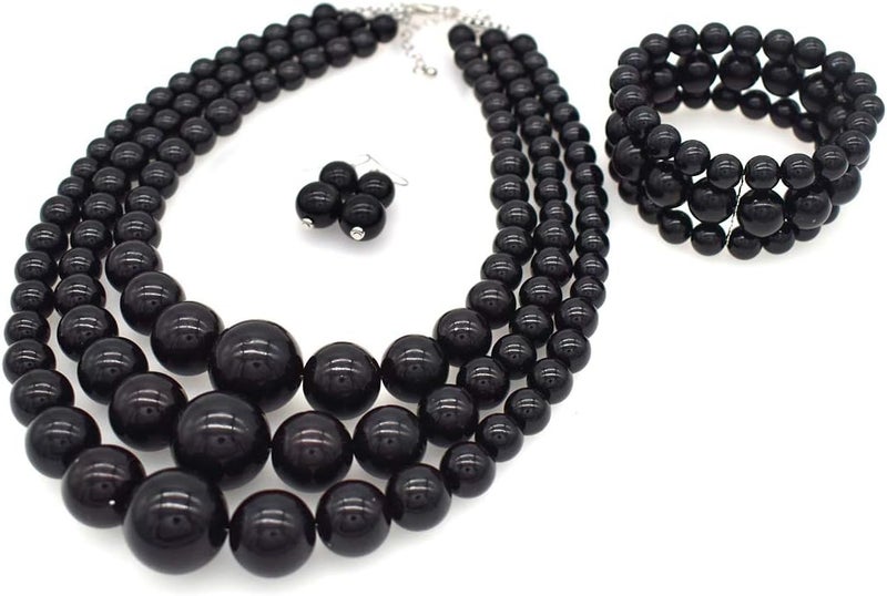 WEWE Imitation Pearl Necklace for Women Large Chunky Pearl Necklaces Multilayer Pearl Necklace and Earring 1920s Costume Jewelry set - Image 3