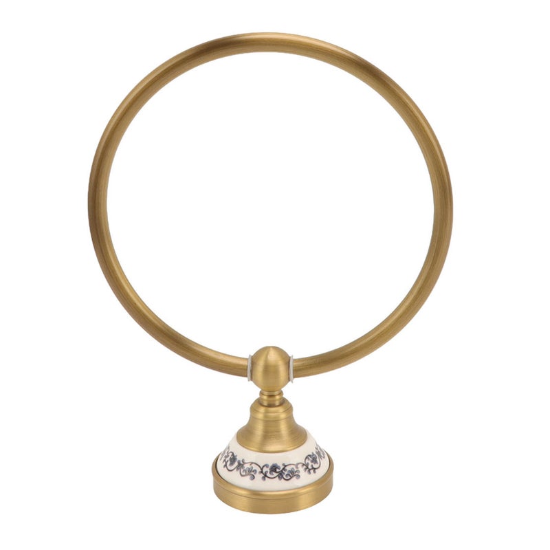 Towel Ring Antique Brass Finish Wall Mounted Bathroom Hand Towel Holder with Blue and White Porcelain Decal - Image 2