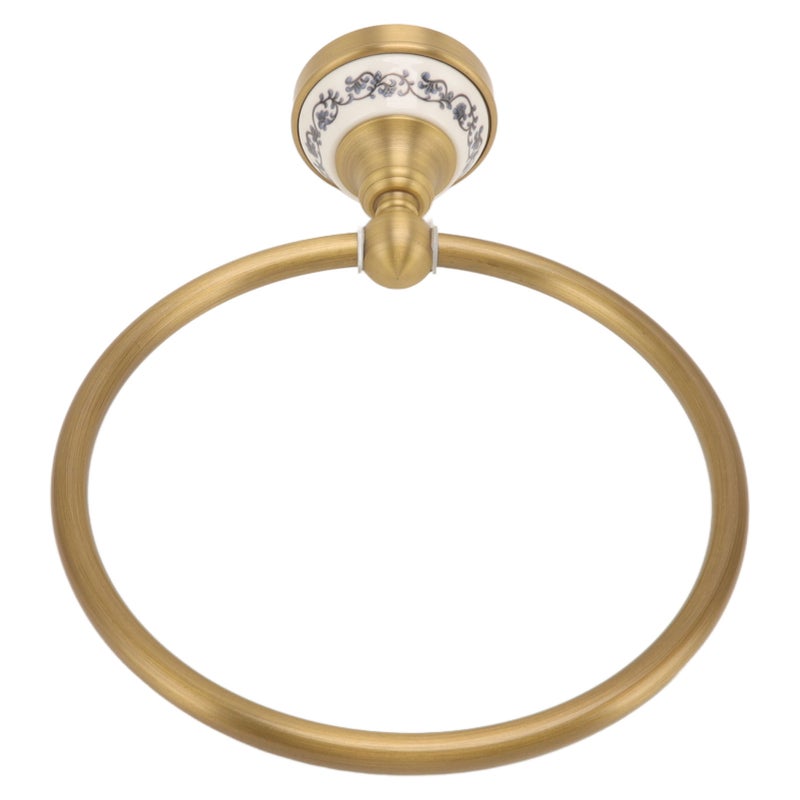Towel Ring Antique Brass Finish Wall Mounted Bathroom Hand Towel Holder with Blue and White Porcelain Decal - Image 4