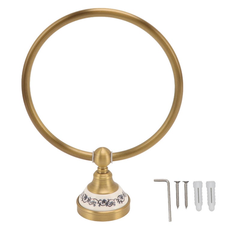 Towel Ring Antique Brass Finish Wall Mounted Bathroom Hand Towel Holder with Blue and White Porcelain Decal - Image 1