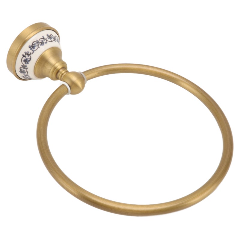 Towel Ring Antique Brass Finish Wall Mounted Bathroom Hand Towel Holder with Blue and White Porcelain Decal - Image 5