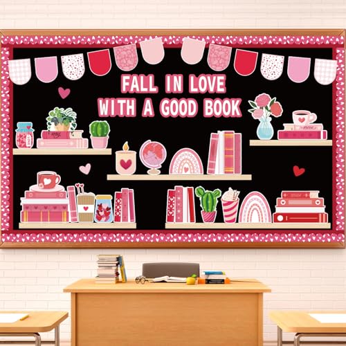 Joffetii Valentine's Day Reading Bulletin Board Decorations Set, Bookshelf Cutouts with Heart Bulletin Board Borders Valentines Library Classroom Decorations Chalkboard Wall Door Decor for Home Office 70Pcs - Image 1