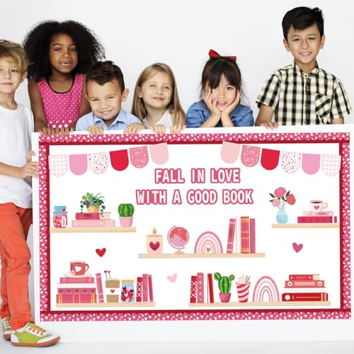 Joffetii Valentine's Day Reading Bulletin Board Decorations Set, Bookshelf Cutouts with Heart Bulletin Board Borders Valentines Library Classroom Decorations Chalkboard Wall Door Decor for Home Office 70Pcs - Image 4