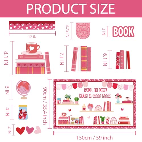 Joffetii Valentine's Day Reading Bulletin Board Decorations Set, Bookshelf Cutouts with Heart Bulletin Board Borders Valentines Library Classroom Decorations Chalkboard Wall Door Decor for Home Office 70Pcs - Image 2