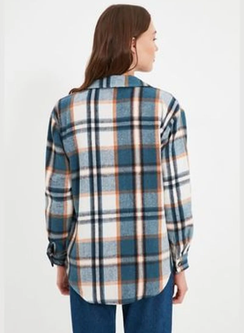trendyol Blue Plaid Oversize Woven Shirt TWOAW22GO0549