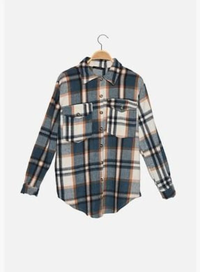 trendyol Blue Plaid Oversize Woven Shirt TWOAW22GO0549