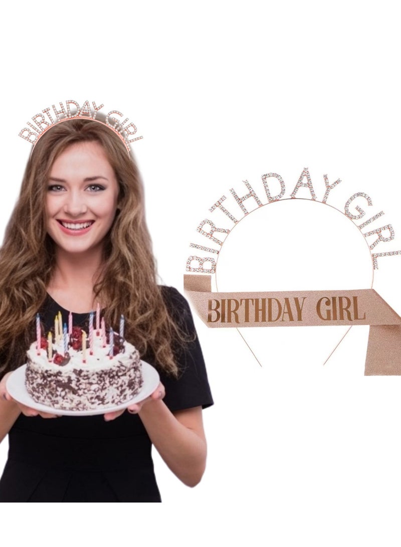 1 Set Birthday Girl Headband and Sash, Glitter Rhinestone Tiara Happy Birthday Crown Decorations  for Women Girls - Image 1