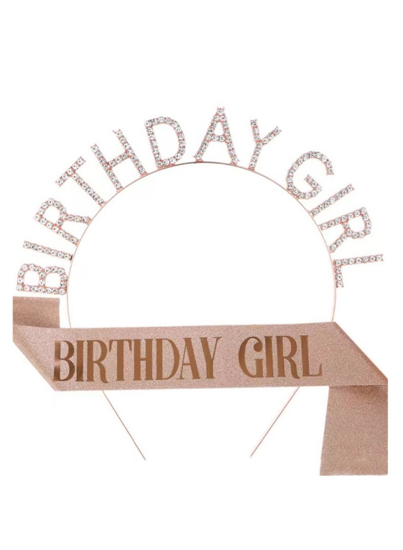 1 Set Birthday Girl Headband and Sash, Glitter Rhinestone Tiara Happy Birthday Crown Decorations  for Women Girls - Image 2