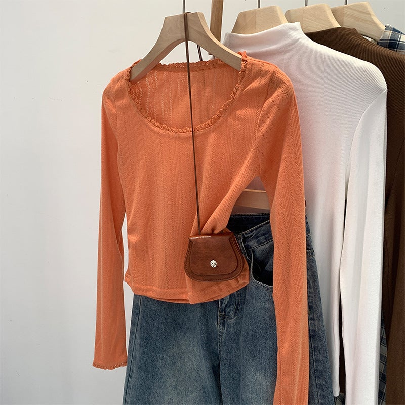 European French Lace Gentle Breathable Thin Long-Sleeved T-Shirt Women'S Autumn Inner Base - Image 3