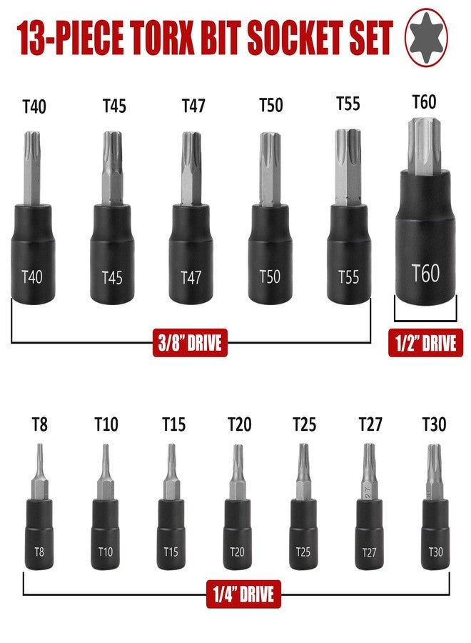 RIMKOLO 13-Piece Torx Bit Socket Set, 1/4”, 3/8” and 1/2” Drive T8-T60 Star Socket Set, S2 Steel Bits and CR-V Sockets with Storage Case - Image 5