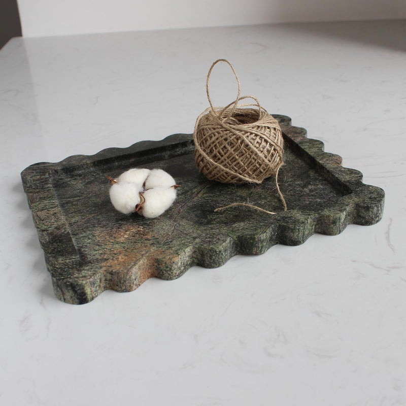 Natust Natural Luxury Scalloped Marble Tray 10.8"x8", Rectangle Vanity Tray for Bathroom Kitchen Counter, Decorative Tray for Dresser Home Decor - Rainforest Green - Image 1