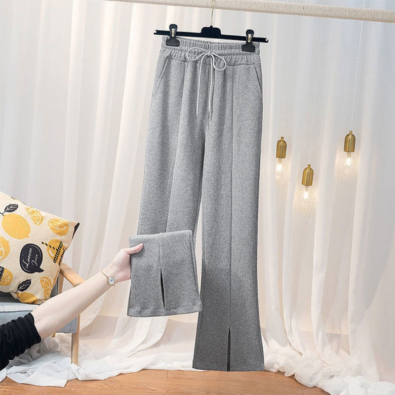 Unique Soft Autumn and Winter Womens Set with a French Cardigan Sweater and Fleece-Lined Casual Wide-Leg Pants Two-Piece Outfit Gray thin pants (single piece) 951#