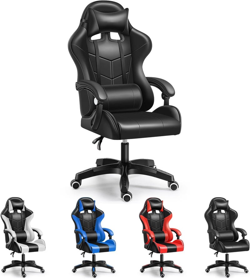 Computer Gaming Chair - Home Office Desk With Pu Leather Lumbar Support, Height Adjustable Big And Tall Video Game With Flip-Up Armrest, Swivel Wheels For Adults And Teens (Black) - Image 1