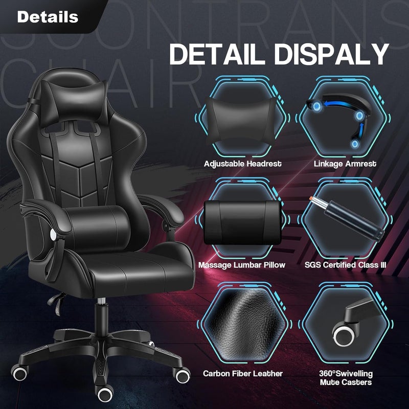 Computer Gaming Chair - Home Office Desk With Pu Leather Lumbar Support, Height Adjustable Big And Tall Video Game With Flip-Up Armrest, Swivel Wheels For Adults And Teens (Black) - Image 5