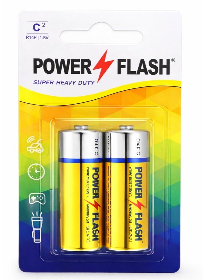 POWER FLASH C Zinc Batteries 1.5V – Super Heavy Duty – 2 Pieces Card Pack - Image 1