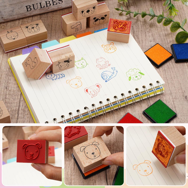 Whaline 29 Pcs Cartoon Animal Wooden Rubber Stamps with Ink Pads Cute Cartoon Pattern DIY Craft Stamps for Party Decor Scrapbooking Cards Making - Image 3