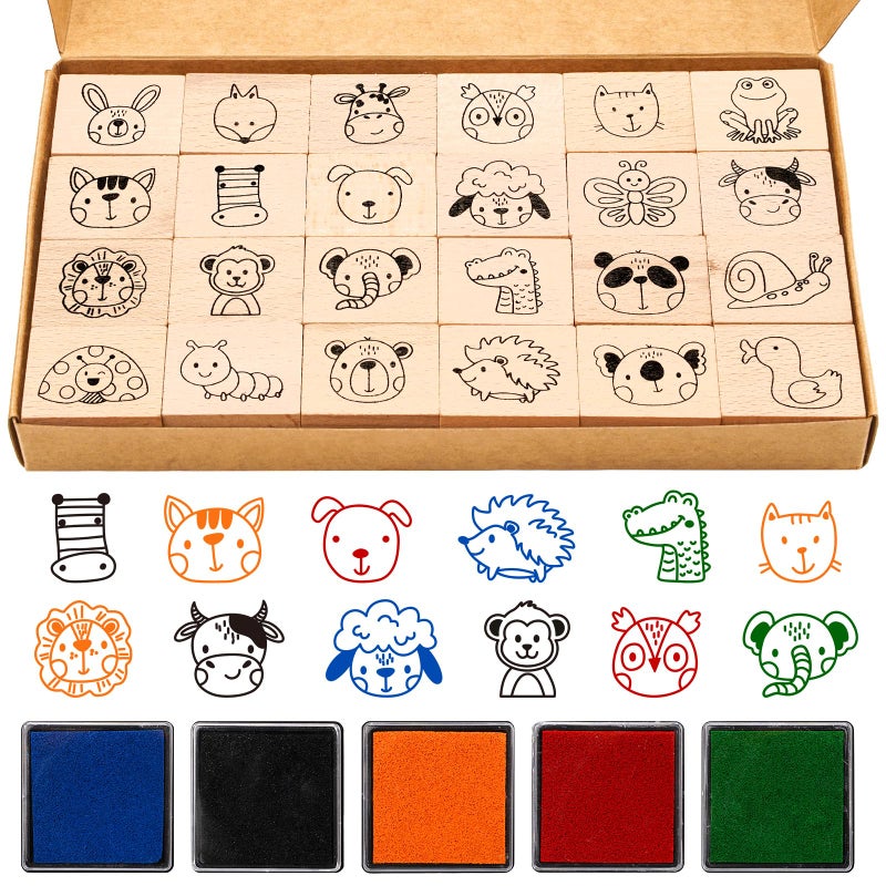 Whaline 29 Pcs Cartoon Animal Wooden Rubber Stamps with Ink Pads Cute Cartoon Pattern DIY Craft Stamps for Party Decor Scrapbooking Cards Making - Image 1