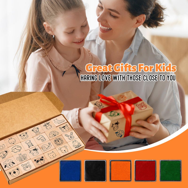 Whaline 29 Pcs Cartoon Animal Wooden Rubber Stamps with Ink Pads Cute Cartoon Pattern DIY Craft Stamps for Party Decor Scrapbooking Cards Making - Image 5