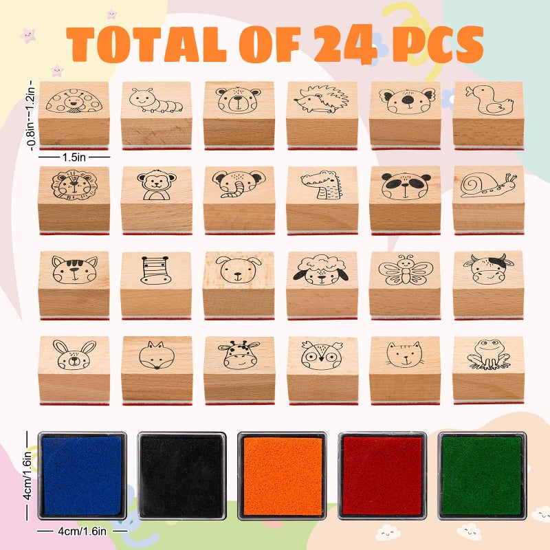 Whaline 29 Pcs Cartoon Animal Wooden Rubber Stamps with Ink Pads Cute Cartoon Pattern DIY Craft Stamps for Party Decor Scrapbooking Cards Making - Image 2