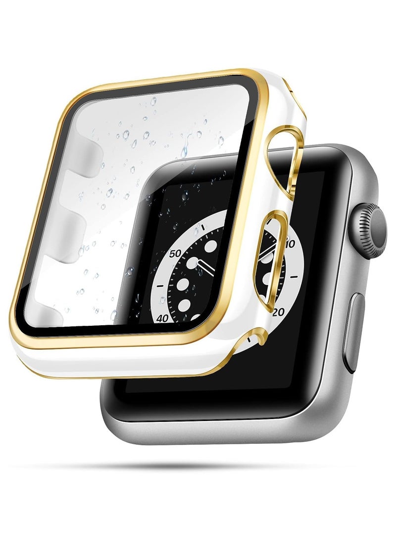 Compatible with for 45mm Case Compatible with Apple Watch, with Built-in Tempered Glass Screen Protector, PC Cover for iWatch Series 8/7/SE 6 5 4/3 2 Choice (45mm, White + Gold Edge)