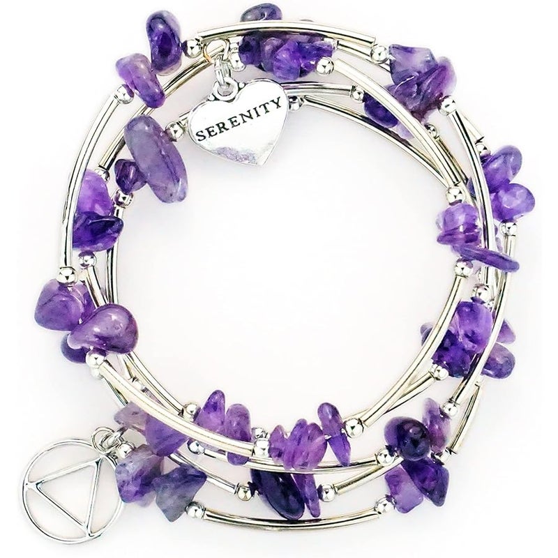 The Token Shop Amethyst AA Bracelet with Alcoholics Anonymous Circle Triangle Symbol and Serenity Heart Charm | Sobriety Gift for Women, One Size Fits Most, Stainless Steel, Amethyst - Image 2
