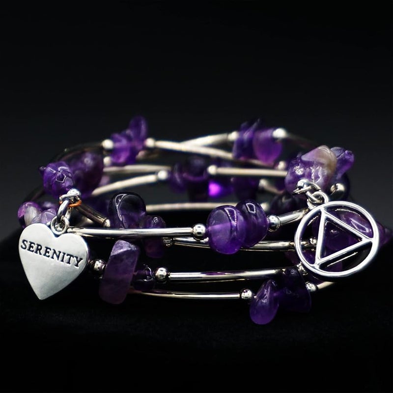 The Token Shop Amethyst AA Bracelet with Alcoholics Anonymous Circle Triangle Symbol and Serenity Heart Charm | Sobriety Gift for Women, One Size Fits Most, Stainless Steel, Amethyst - Image 5