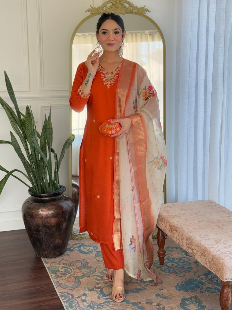 Naixa Women's Rust BSY Viscose Embroidered Straight Kurta with BSY Viscose Pant And Organza Jacquard with digital Print Dupatta Sets (NX-684-Rust-XL) - Image 2