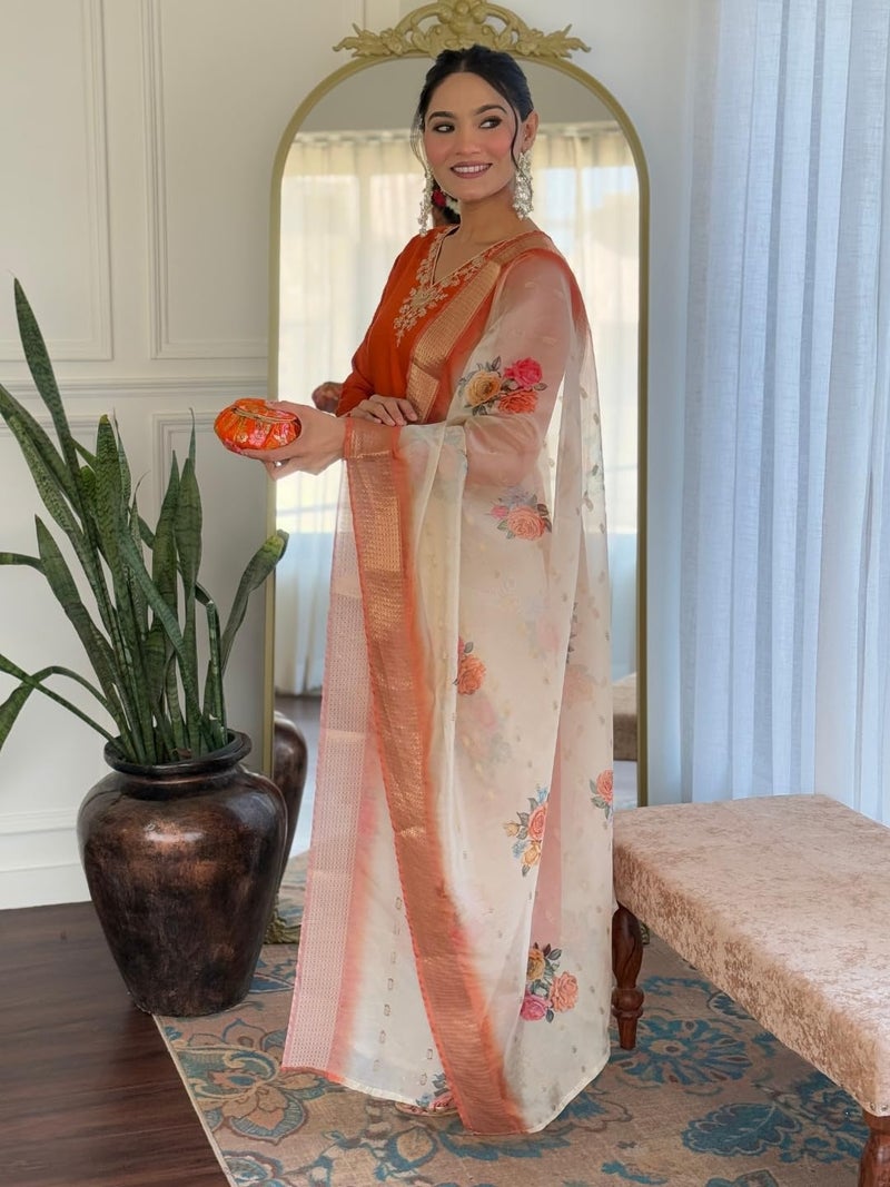 Naixa Women's Rust BSY Viscose Embroidered Straight Kurta with BSY Viscose Pant And Organza Jacquard with digital Print Dupatta Sets (NX-684-Rust-XL) - Image 4