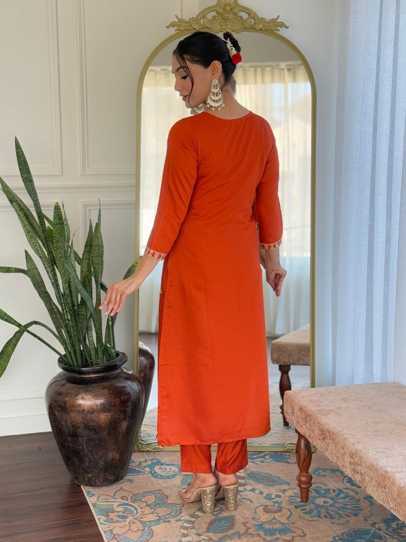 Naixa Women's Rust BSY Viscose Embroidered Straight Kurta with BSY Viscose Pant And Organza Jacquard with digital Print Dupatta Sets (NX-684-Rust-XL) - Image 3