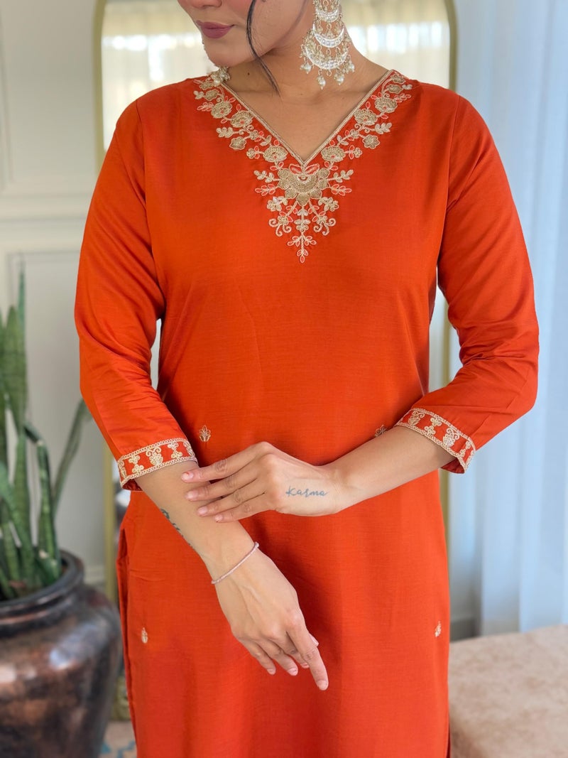 Naixa Women's Rust BSY Viscose Embroidered Straight Kurta with BSY Viscose Pant And Organza Jacquard with digital Print Dupatta Sets (NX-684-Rust-XL) - Image 5