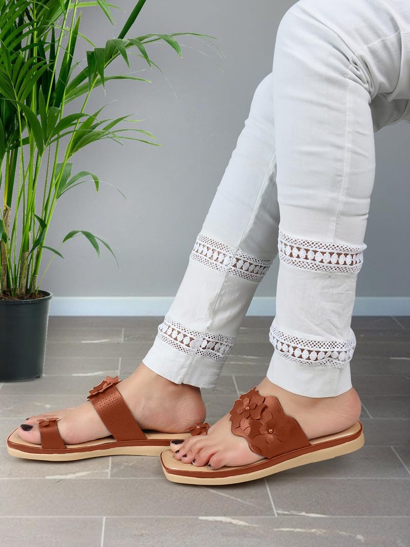 XE Looks Women's Tan One Toe Doctor Slippers with Floral Embellishments | Durable Design for All-Day Comfort | Soft Cushioned Footbed Doctor Slippers For Girls & Women - Image 2