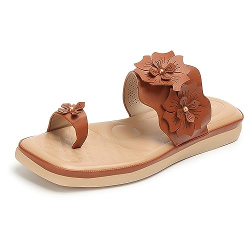 XE Looks Women's Tan One Toe Doctor Slippers with Floral Embellishments | Durable Design for All-Day Comfort | Soft Cushioned Footbed Doctor Slippers For Girls & Women - Image 1