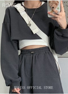 roaiss Women 2 Piece Set Loose Fit Pullover Short Sweatshirt & Slim Fit Sleeveless Vest Classic and Timeless Solid Color Design Loose Fit to Enhance the Figure and Prevent Exposing Perfect as a Base Layer  - Image 2
